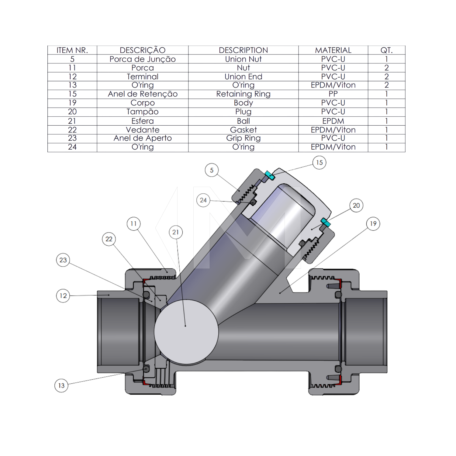 PVC Schrägsitz-Kugelrückschlagventil, PN10
