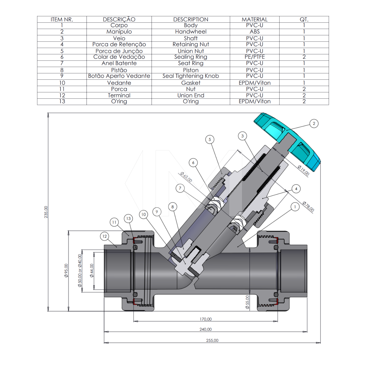 PVC Schrägsitzventil transparent, PN10